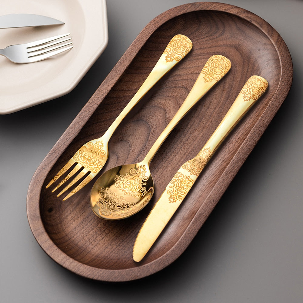 Luxury Cutlery Sets Silverware Kit Vintage Carved Tableware Set Viskana