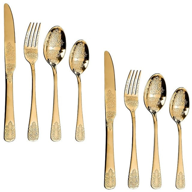 Luxury Cutlery Sets Silverware Kit Vintage Carved Tableware Set Viskana