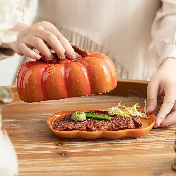 Viskana Pumpkin-Shaped Ceramic Plate | Rustic Fall Tableware | Durable & Dishwasher Safe | PumpkinWare