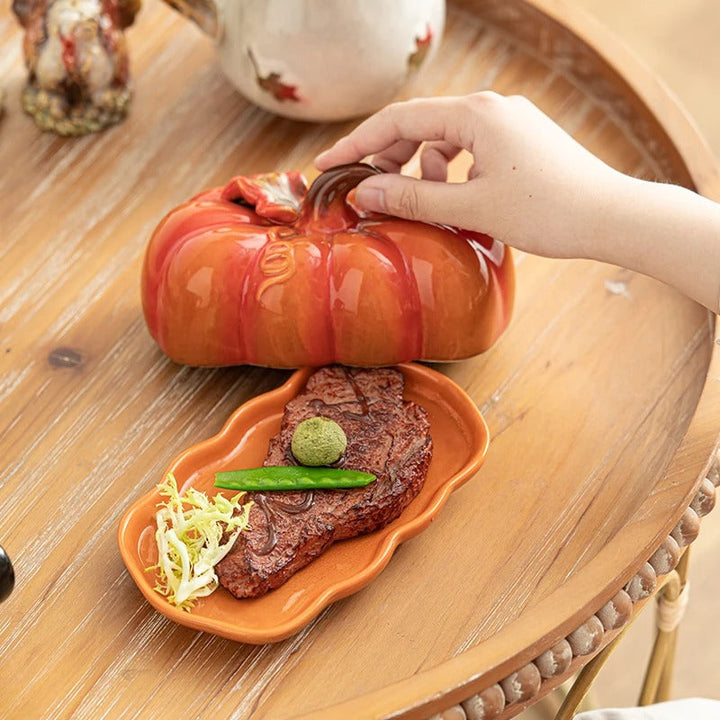 Viskana Pumpkin-Shaped Ceramic Plate | Rustic Fall Tableware | Durable & Dishwasher Safe | PumpkinWare