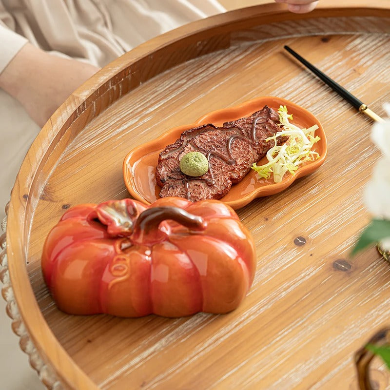 Viskana Pumpkin-Shaped Ceramic Plate | Rustic Fall Tableware | Durable & Dishwasher Safe | PumpkinWare