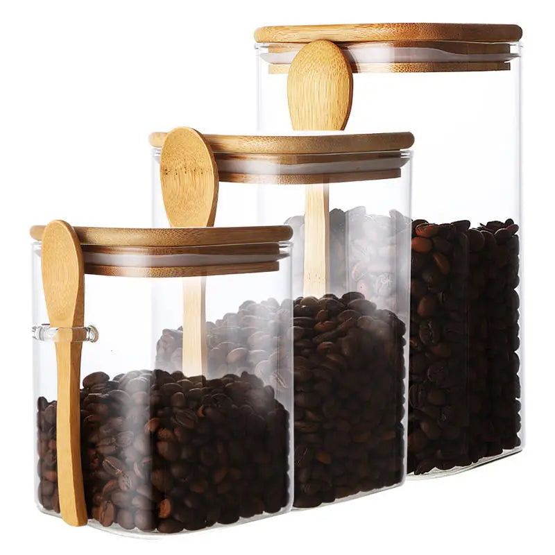 Square Glass Storage Jar with Wooden Spoon and Lid Glass Container Viskana