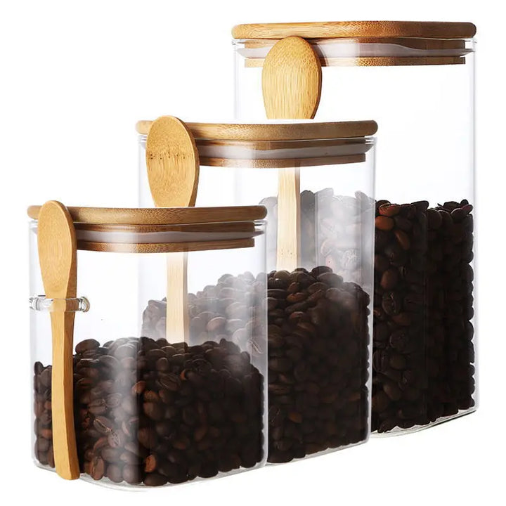 Square Glass Storage Jar with Wooden Spoon and Lid Glass Container Viskana