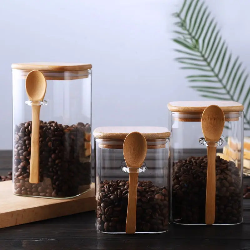 Square Glass Storage Jar with Wooden Spoon and Lid Glass Container Viskana