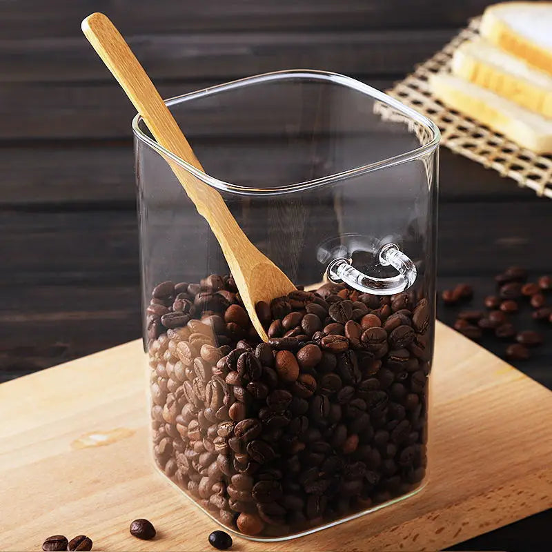 Square Glass Storage Jar with Wooden Spoon and Lid Glass Container Viskana