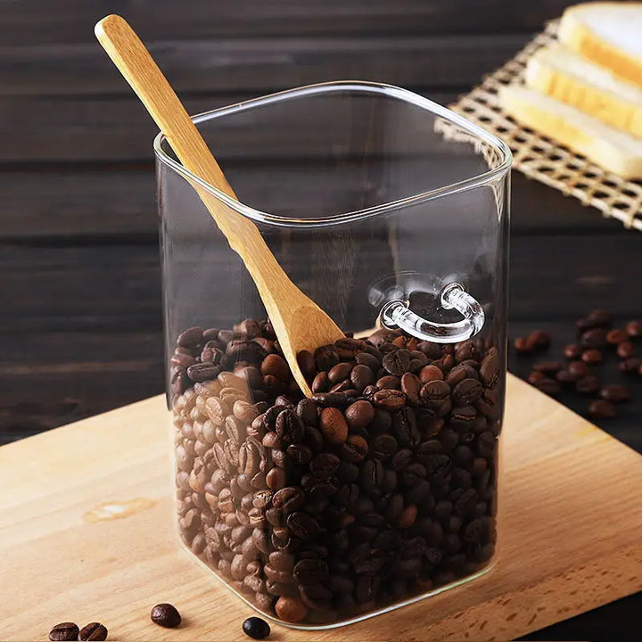 Square Glass Storage Jar with Wooden Spoon and Lid Glass Container Viskana