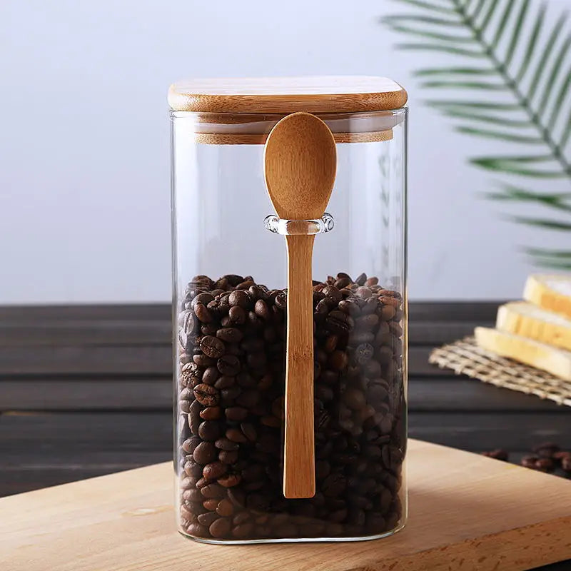 Square Glass Storage Jar with Wooden Spoon and Lid Glass Container Viskana