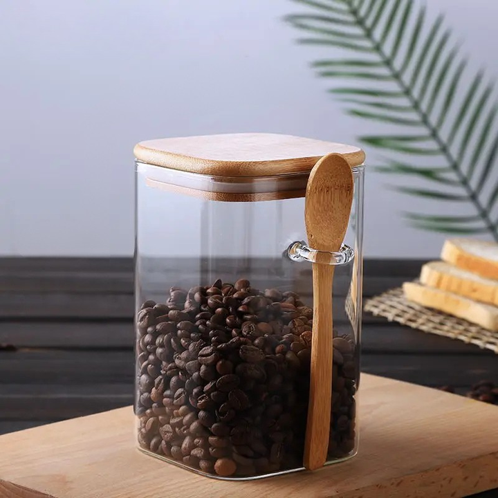 Square Glass Storage Jar with Wooden Spoon and Lid Glass Container Viskana