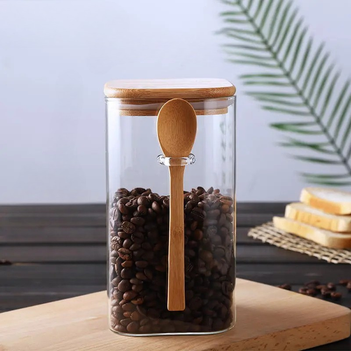 Square Glass Storage Jar with Wooden Spoon and Lid Glass Container Viskana