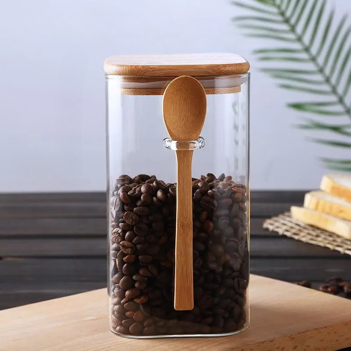 Square Glass Storage Jar with Wooden Spoon and Lid Glass Container Viskana