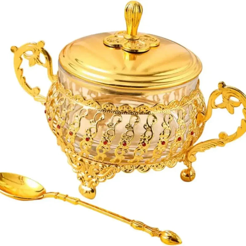 Sugar Bowl with Lid and Spoon Gold Glass Seasoning Spice Candy Jar Viskana