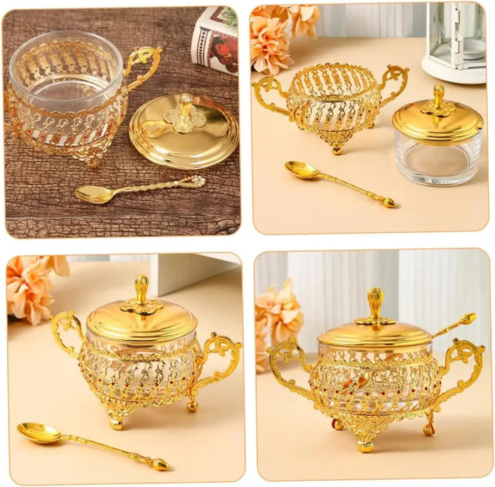 Sugar Bowl with Lid and Spoon Gold Glass Seasoning Spice Candy Jar Viskana
