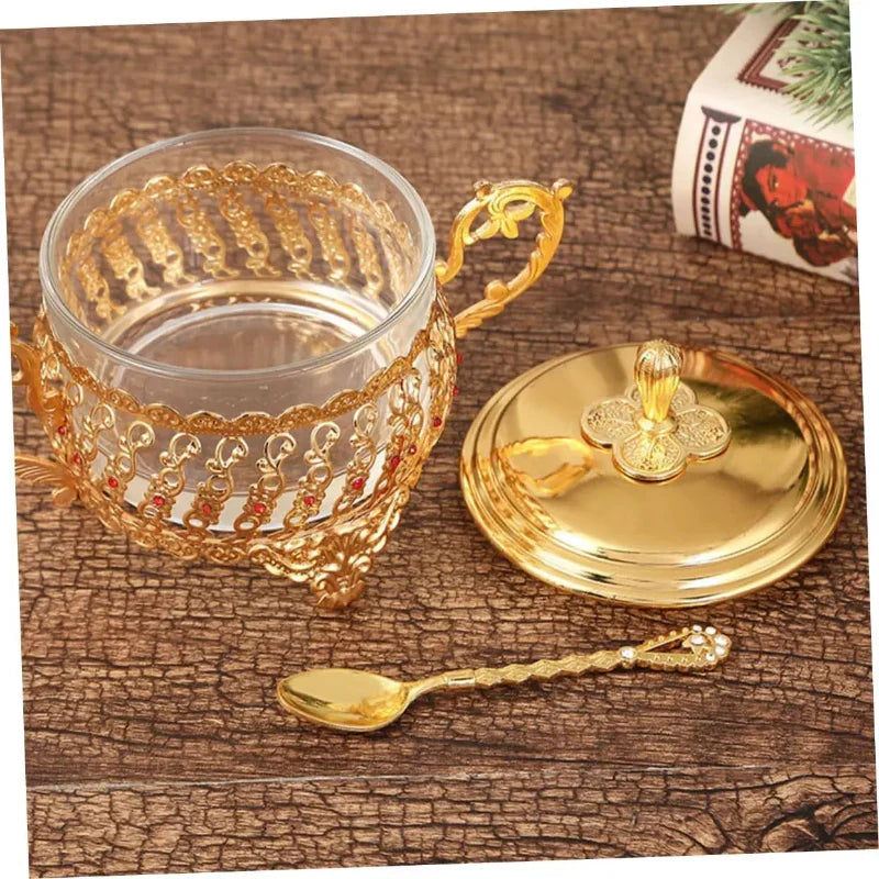 Sugar Bowl with Lid and Spoon Gold Glass Seasoning Spice Candy Jar Viskana
