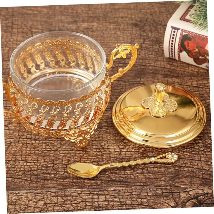 Sugar Bowl with Lid and Spoon Gold Glass Seasoning Spice Candy Jar Viskana