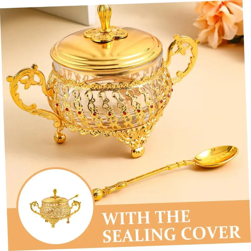 Sugar Bowl with Lid and Spoon Gold Glass Seasoning Spice Candy Jar Viskana