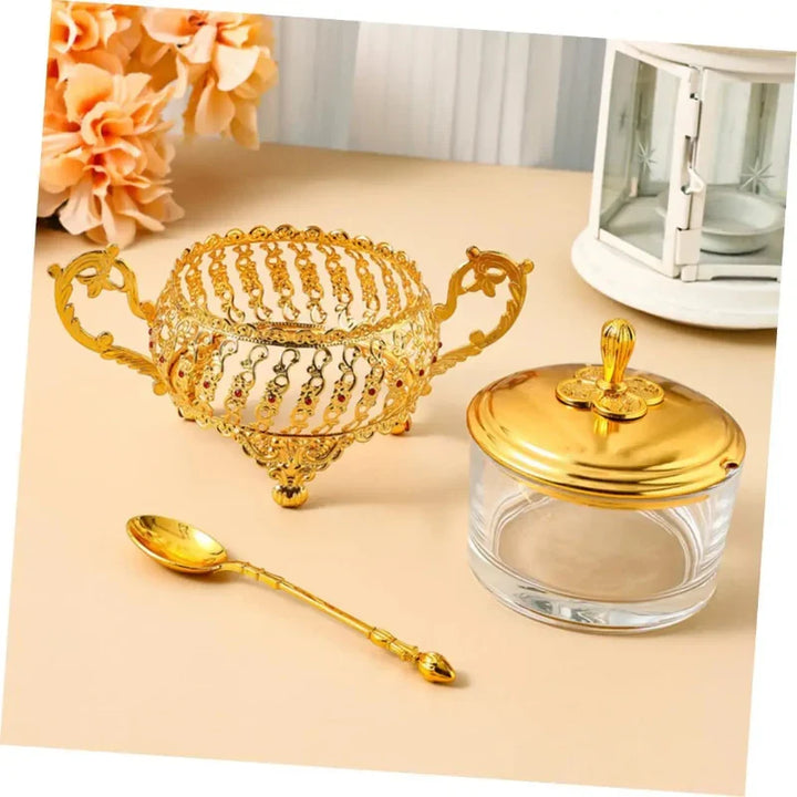 Sugar Bowl with Lid and Spoon Gold Glass Seasoning Spice Candy Jar Viskana