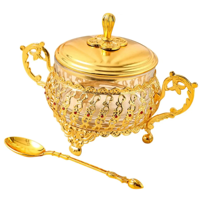 Sugar Bowl with Lid and Spoon Gold Glass Seasoning Spice Candy Jar Viskana