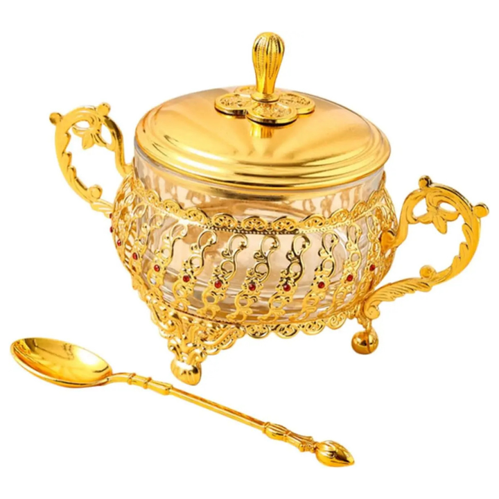 Sugar Bowl with Lid and Spoon Gold Glass Seasoning Spice Candy Jar Viskana