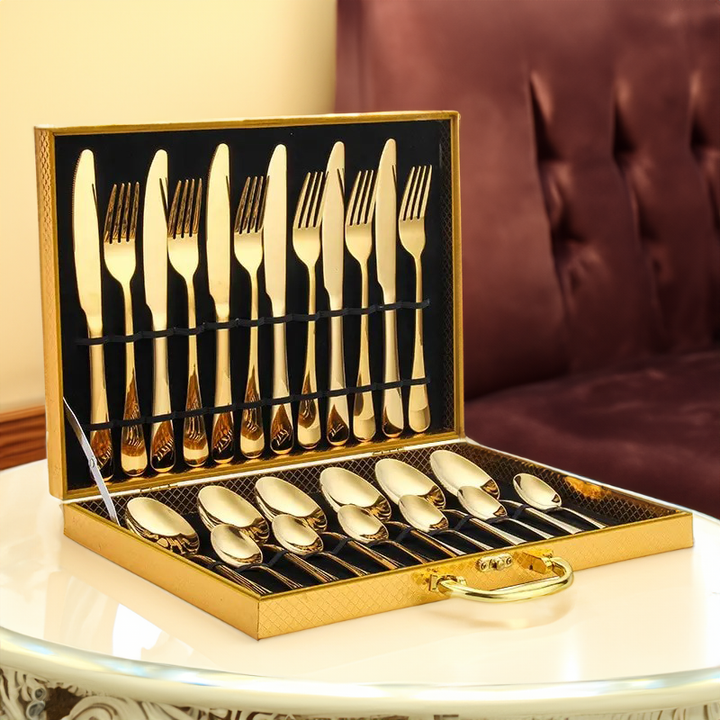 Viskana Opulent Gold Cutlery Set - The elegant 24-piece gold and silver cutlery set