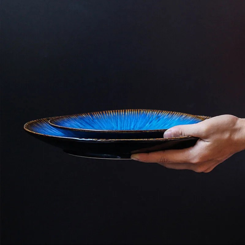 Western Style Ceramic Dish Deep Blue Pasta Plate Kitchen Tableware Viskana